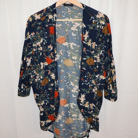 Scobe Kimomo Size Medium Open Front Blazer Blue Floral Rayon Asymmetric Hem - Picture 4 of 13